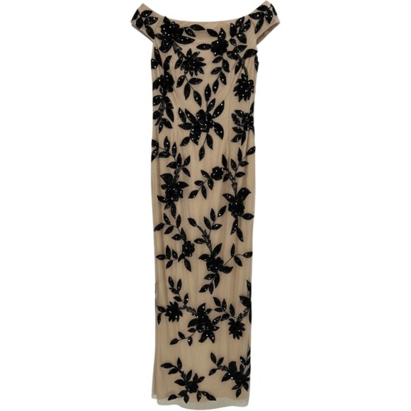 Adrianna Papell Dresses & Skirts - NWT Adrianna Papell Beaded Mesh Column Gown Black Nude Floral Size 6 — MSRP $329